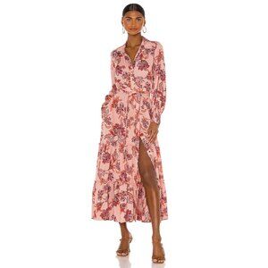 Misa Los Angeles Floral Long Sleeve Tiered Maxi Dress XS Peach & Red